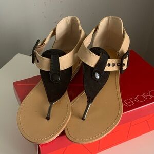 Rouge Helium Beige and Black T-Strap Sandals